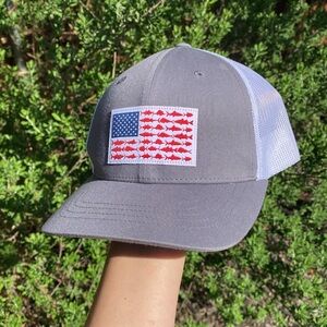 Columbia Gray and White Trucker Hat with American Flag with Fish Patch